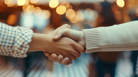 Partnership in Focus: Close-Up of a Firm Handshake Against Blurred Lightsの素材