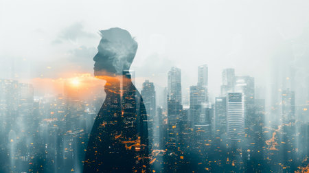 Double Exposure of Determined Businessman and Urban Cityscape at Sunsetの素材