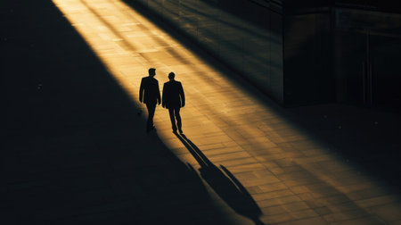 Business Partners Walking Together in Urban Shadowsの素材
