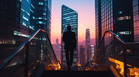 Silhouette of a Businessman Overlooking City at Twilight from Elevated Perspectiveの素材