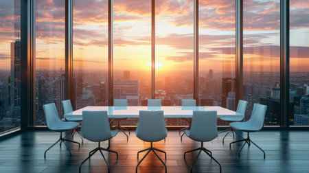 Modern Meeting Room with Cityscape View at Sunsetの素材