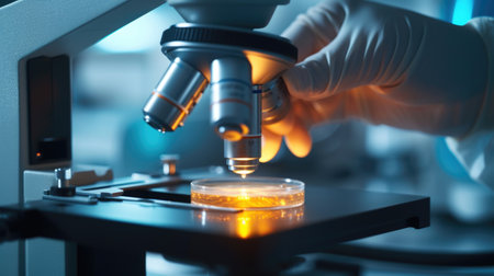 Scientist Examining Samples Under Microscope in Laboratoryの素材