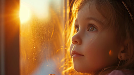 Child's Wonder: Gazing at the Sunset Through a Windowの素材