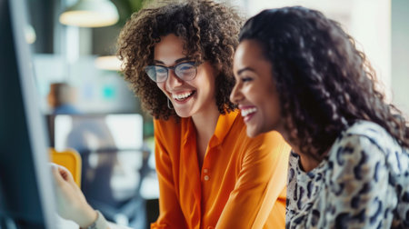 Two Women Colleagues Sharing a Laugh at Work in a Creative Office Spaceの素材