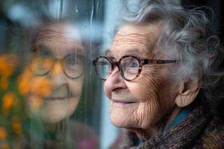 Reflective Elderly Woman Looking Out the Window Longinglyの素材