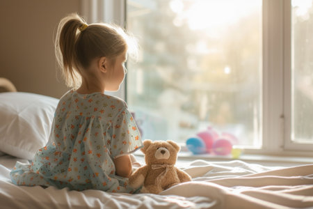 Serene Morning: Child with Teddy Bear Looking Out Hospital Windowの素材
