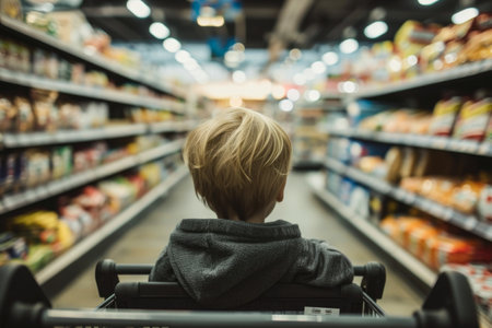 Child in Grocery Cart Aisle Looking Awayの素材