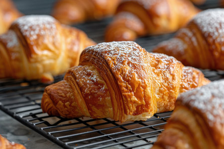 Freshly Baked Croissants with Powdered Sugar on Cooling Rackの素材