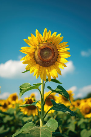 Vibrant Single Sunflower Standing Tall Against a Clear Blue Skyの素材