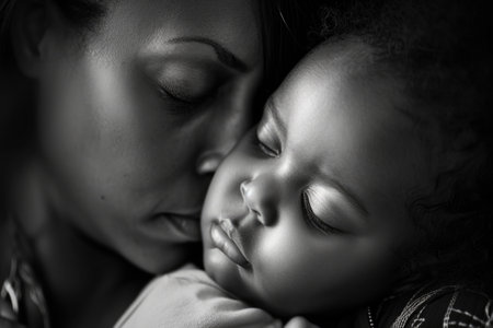Tender Moment Between Mother and Sleeping Infant in a Warm Embraceの素材