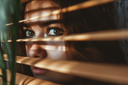 Mysterious Woman Peering Through Blinds with Emphasis on Her Eyesの素材