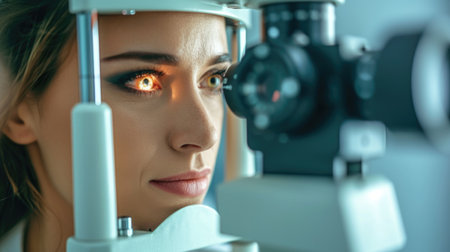 Close-up of a Woman's Eye Undergoing an Eye Exam with Phoropterの素材