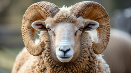 A Majestic Male Sheep with Curled Horns Staring Forwardの素材