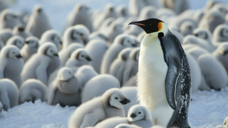 Lone King Penguin Standing Amidst a Sea of Brown Chicksの素材