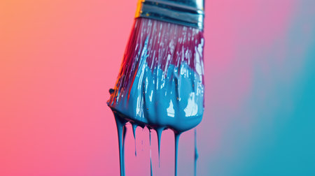 Vibrant Paintbrush with Dripping Pink and Blue Paint on Colorful Backgroundの素材