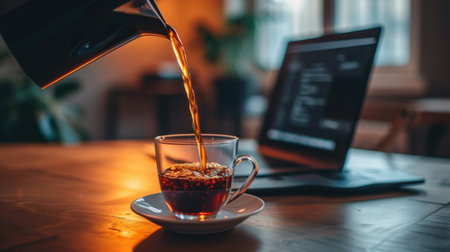 Morning Routine: Pouring Fresh Coffee with a Laptop Ready for Work in the Backgroundの素材