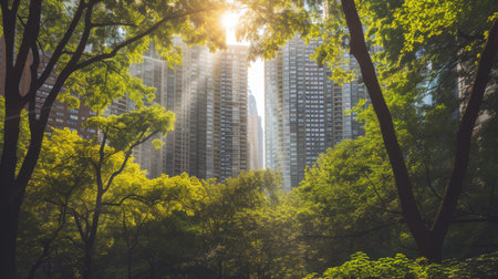 Urban Oasis: Sunlight Filtering Through Lush Trees in a City Park with Skyscrapersの素材