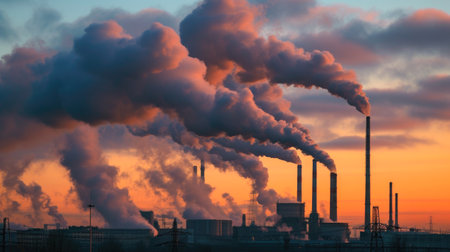 Industrial Smokestacks Emitting Pollution at Twilightの素材
