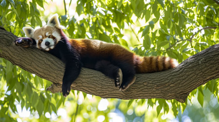 Red Panda Napping on a Tree Branch Surrounded by Leavesの素材