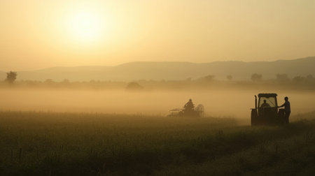 Farmers Working with Tractor in Field at Sunset, Dust Filling the Airの素材
