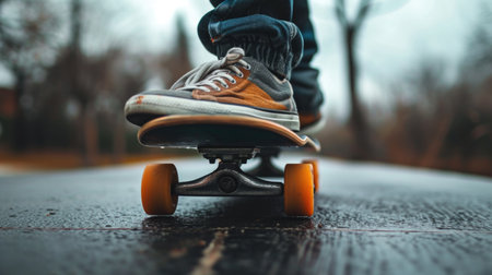 Low Angle View of Person Skateboarding on Wet Streetの素材