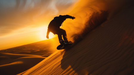 Snowboarder Sliding Down a Desert Dune at Sunsetの素材