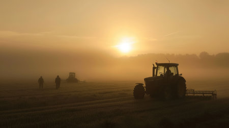 Farmers Working with Tractor in Field at Sunset, Dust Filling the Airの素材