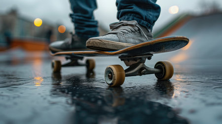 Low Angle View of Person Skateboarding on Wet Streetの素材