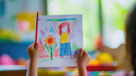 Child's Hands Holding Colorful Drawing of Flowers and Sunの素材