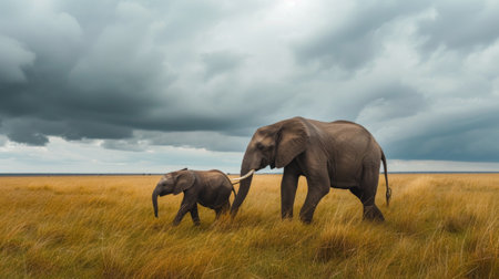Majestic African Elephants Walking in the Savannah Under Stormy Skyの素材
