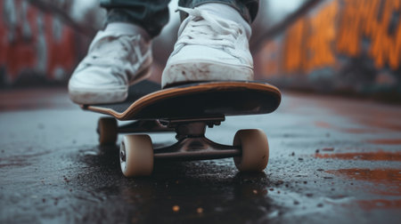 Low Angle View of Person Skateboarding on Wet Streetの素材