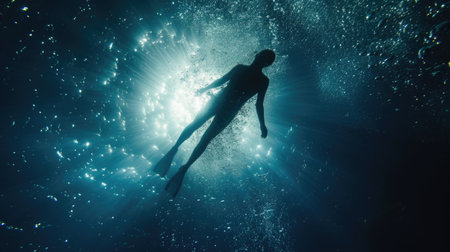 Underwater Tranquility: Diver Silhouetted Against Streaming Sunlight Under the Oceanの素材