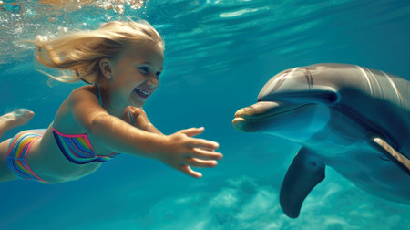 Joyful Interaction Between Young Girl and Dolphin Underwaterの素材