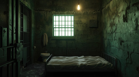 Gloomy Prison Cell with a Single Bed and Windowの素材