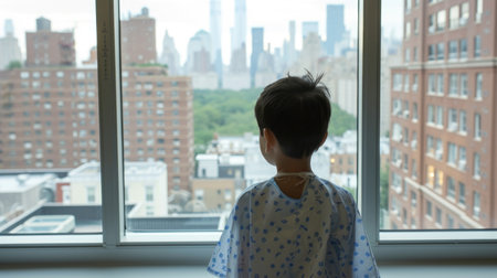 Young Boy in Hospital Gown Looking Out Window Over Cityscapeの素材