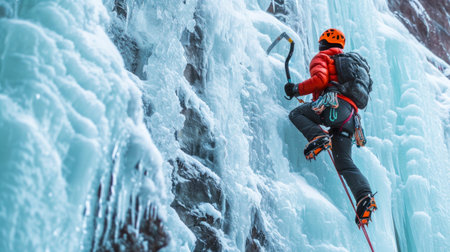 Conquering the Cold: Adventurer Ice Climbing a Frozen Waterfall with Equipmentの素材