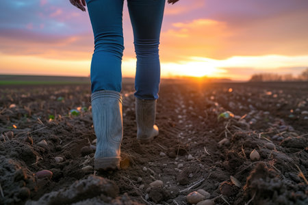 Sunset Walk on the Farm: Muddy Boots on Fertile Soilの素材