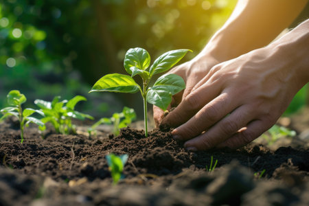 Hands Planting a Young Seedling in Fertile Soil in a Forestの素材