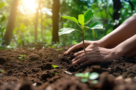 Hands Planting a Young Seedling in Fertile Soil in a Forestの素材