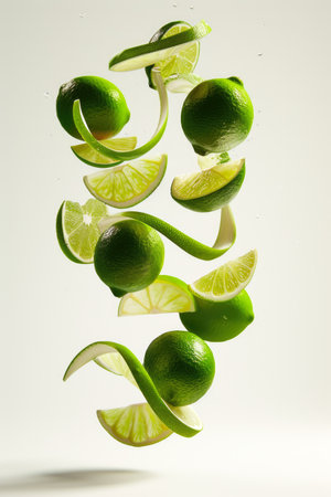 Creative Composition of Sliced Limes Floating in the Airの素材