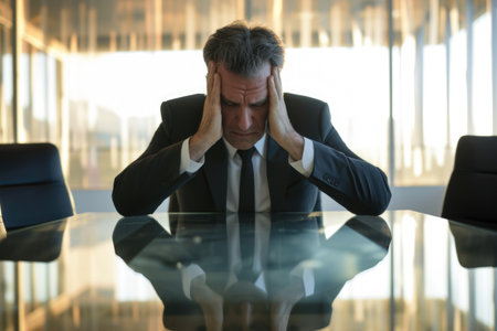 Senior Executive with Headache Sitting Alone in a Modern Officeの素材