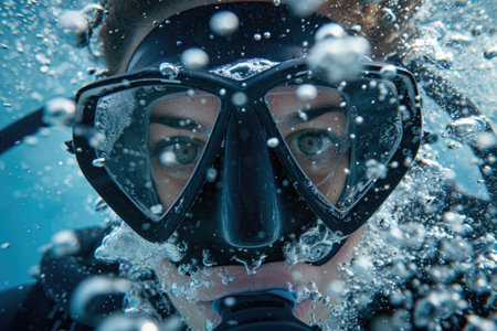 Scuba Diver's Intense Gaze: Underwater Adventure in Blue Watersの素材