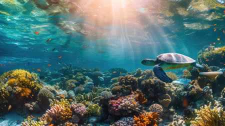 Underwater Paradise: Turtles Swimming Amongst Vibrant Coral Reefの素材