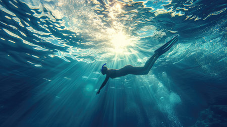 Underwater Grace: A Swimmer's Silent Glide Beneath the Wavesの素材