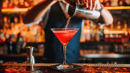 Bartender's Craft: Pouring a Vibrant Red Cocktailの素材