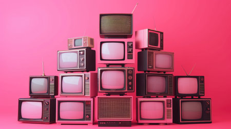 Retro Television Set Collection Against a Pink Backgroundの素材