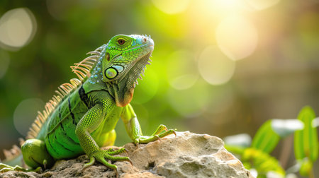 Green Iguana Basking in Sunlight on a Rock with Lush Foliage Backgroundの素材