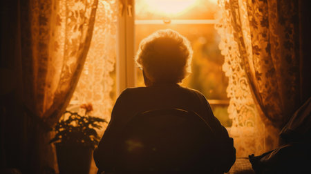 Elderly Person Contemplating While Sitting by a Window with Lacy Curtainsの素材