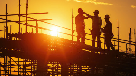 Team of Construction Workers Outlined Against the Sunset on Scaffoldingの素材