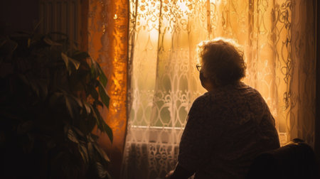 Elderly Person Contemplating While Sitting by a Window with Lacy Curtainsの素材